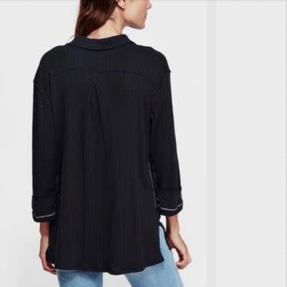 We The Free FP Annie Ribbed Collared Top Pullover Preppy Oversized size S Navy - Picture 7 of 12